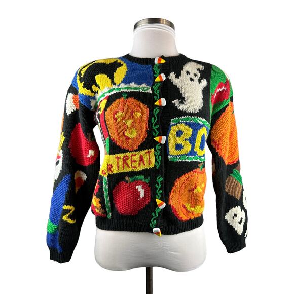 *Flawed The Eagles Eye Halloween Cardigan Sweater Hand Knit Candy Corn Buttons S - Picture 8 of 15